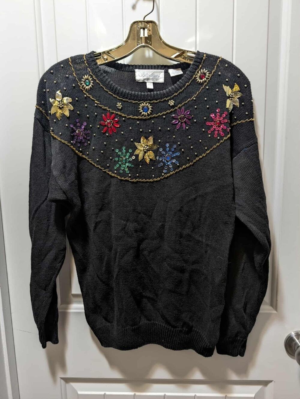 Vintage Silvercord Sweater Womens M Beaded Jewell Ornate Floral Black Christmas